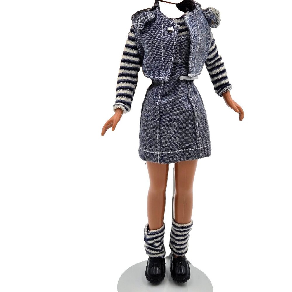 Skipper Denim Dress Outfit Vest Leg Warmers Shoes Barbie Doll Mattel 14381 14385